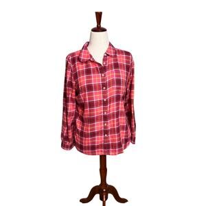 Talbots flannel long sleeve blouse pink plaid button up roll tab 100% cotton  LP